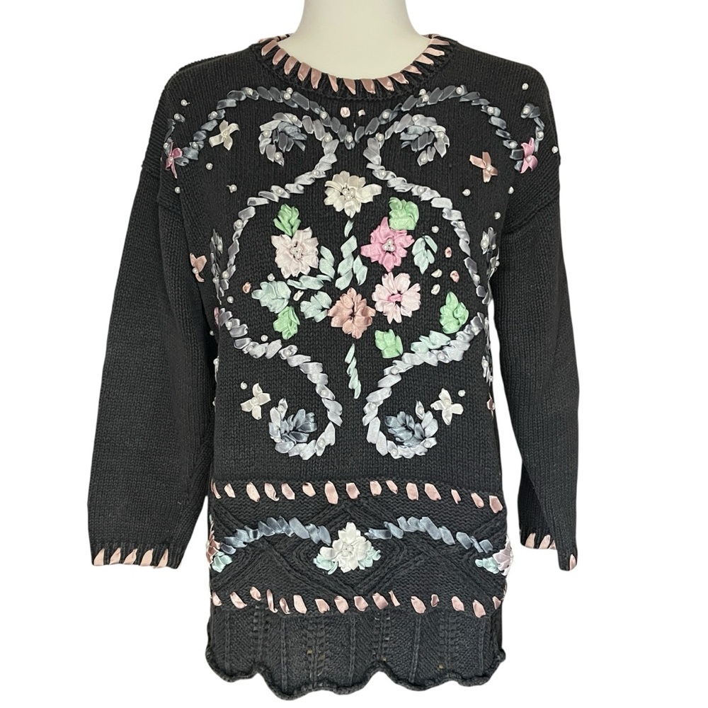 Vintage Floral Knit Sweater Ribbons Pearls Cottagecore Coquette Womens Medium